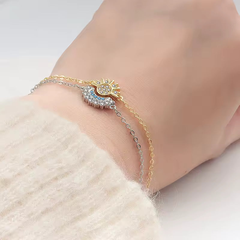 Elegantes Mond und Sonne Armband für Damen aus 925 Sterling Silber mit funkelnden Zirkon Details und feiner Kette