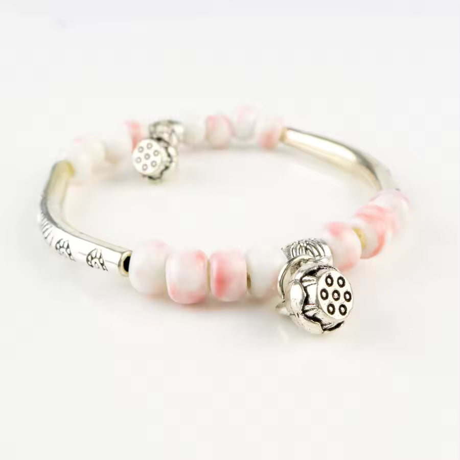 Keramik Perlen Elastisches Armband im Boho Vintage Style für Frauen