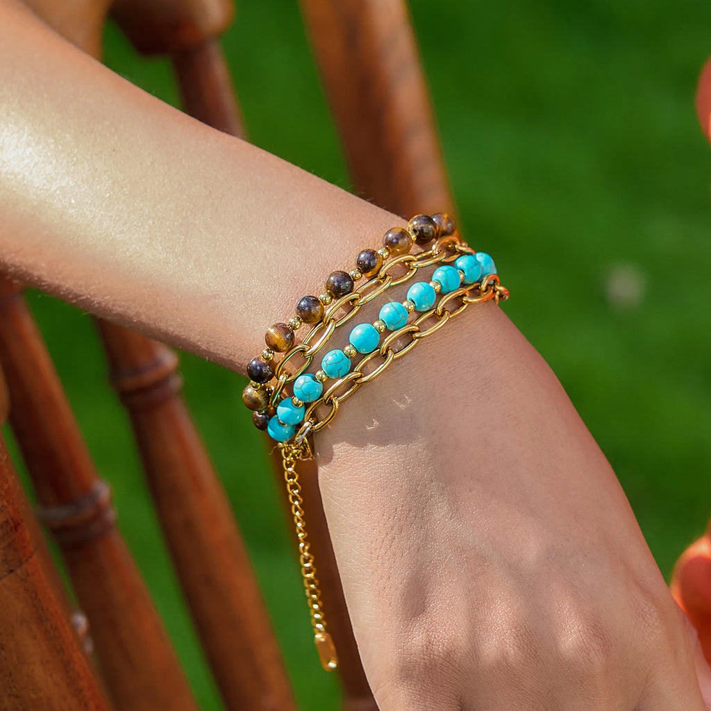 Tigeraugen‑Perlenarmband & Türkis‑Edelstahlarmband