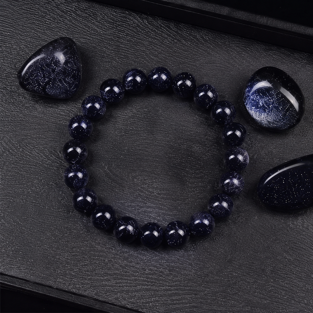 Blaues Sandstein Perlenarmband für Damen und Herren mit Sternenhimmel Glanz und elastischem Komfortdesign
