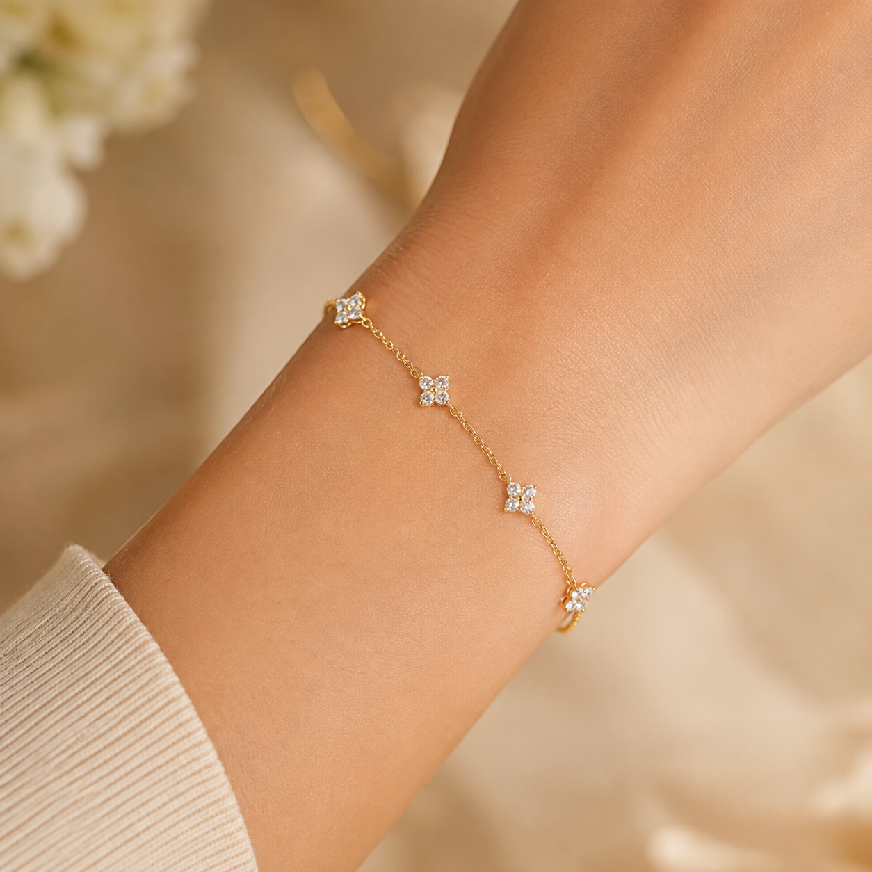 925 Sterling Silber vergoldetes 18 Karat Gold Zirkon Blumenarmband für Frauen im koreanischen eleganten Stil