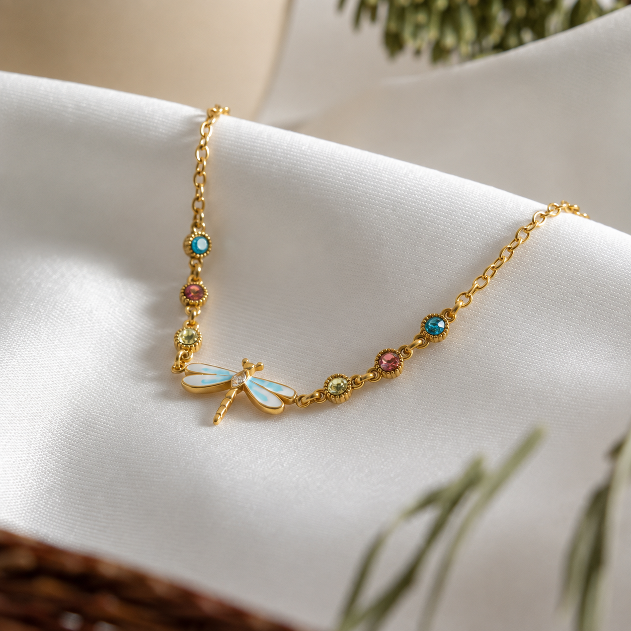 Libellenarmband in 18K vergoldetem Edelstahl mit farbigem Zirkon