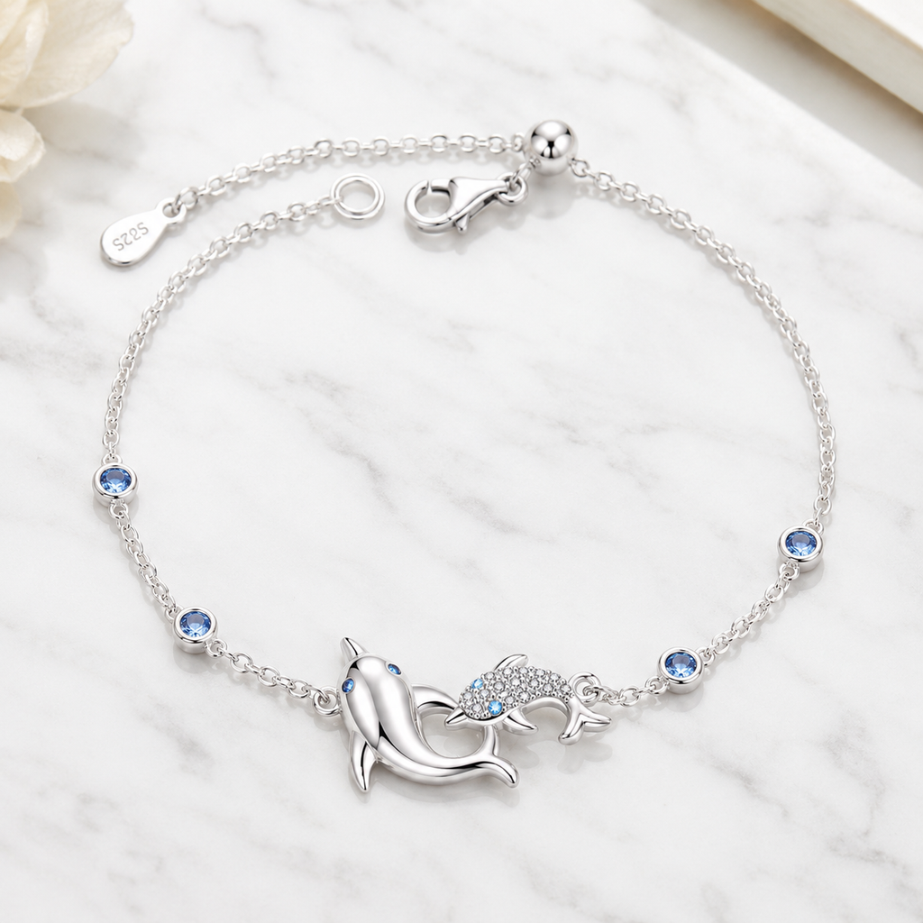 Delfin Armband für Damen aus 925 Sterling Silber mit blauem Zirkon und feiner Gliederkette im maritimen Ozean Design
