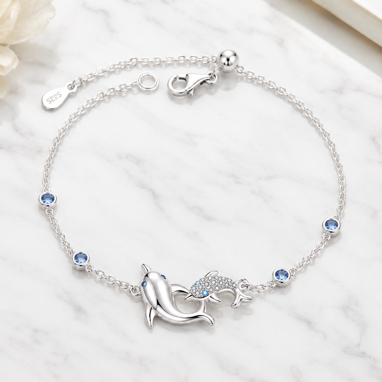 Delfin Armband für Damen aus 925 Sterling Silber mit blauem Zirkon und feiner Gliederkette im maritimen Ozean Design