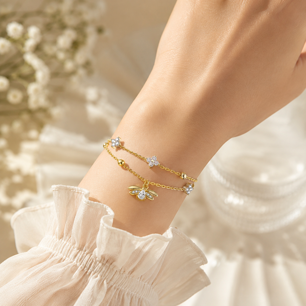 Doppellagiges Glühwürmchen Armband für Damen aus 925 Sterling Silber mit feiner Gliederkette
