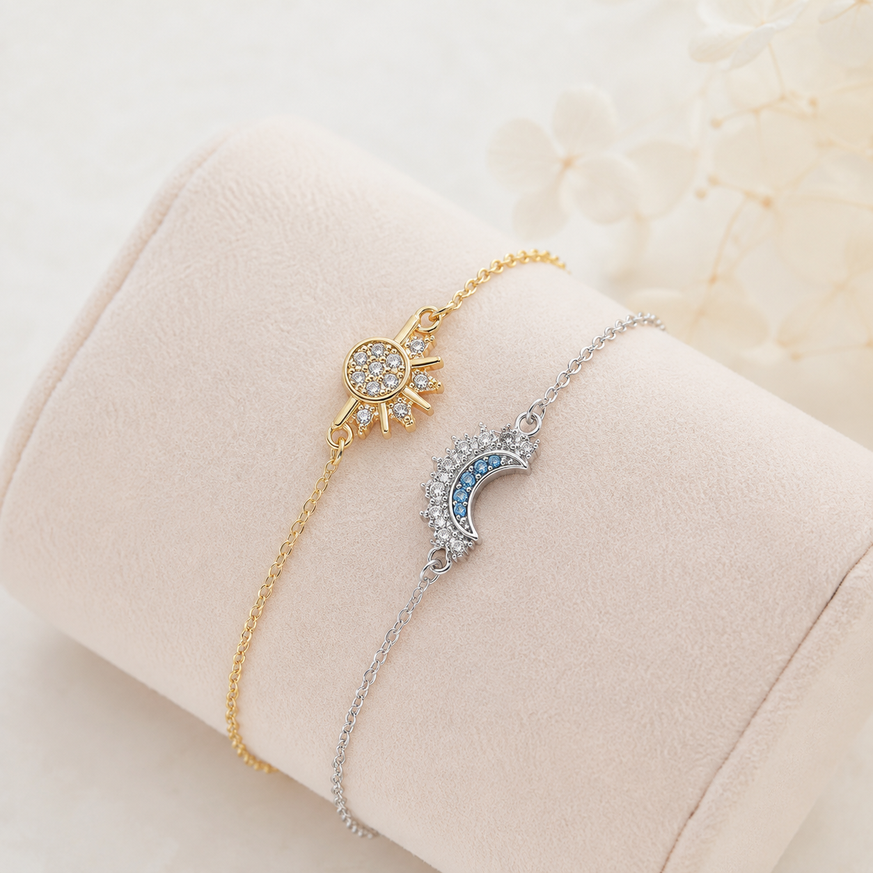 Elegantes Mond und Sonne Armband für Damen aus 925 Sterling Silber mit funkelnden Zirkon Details und feiner Kette
