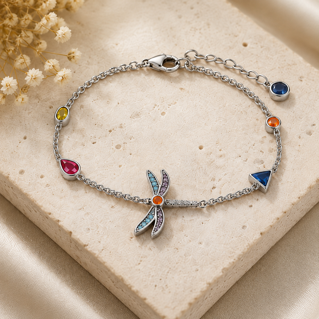 Libellenarmband aus Silber mit farbenfrohen Akzenten und feiner Kette