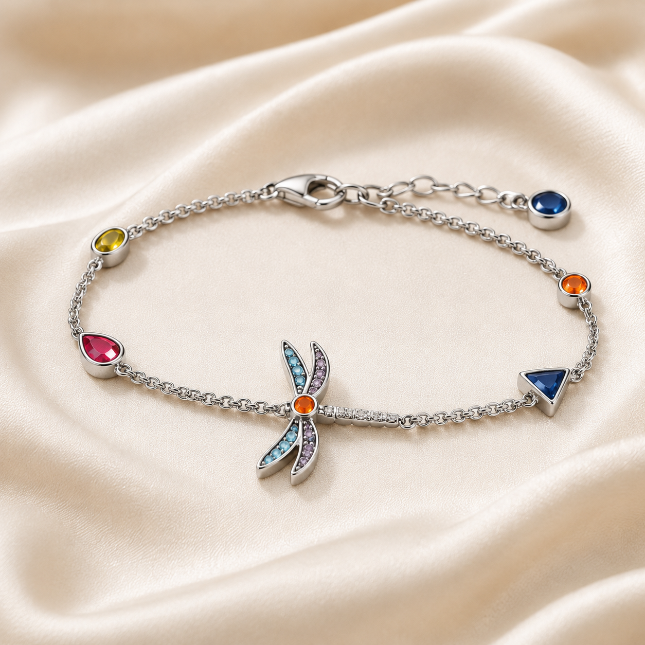 Libellenarmband aus Silber mit farbenfrohen Akzenten und feiner Kette