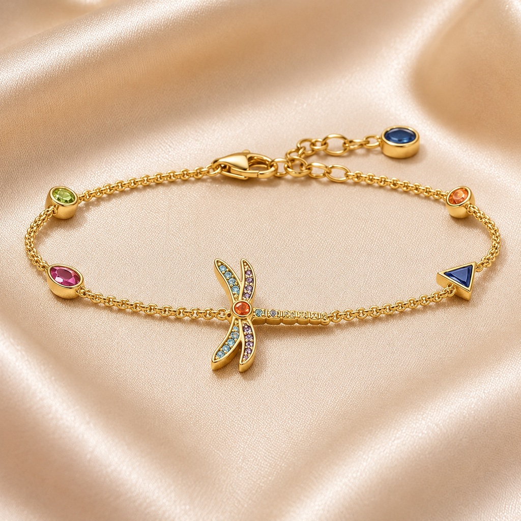 Sommerliches Libellenarmband für Damen aus vergoldetem 925 Sterling Silber mit bunten Akzenten und feiner Gliederkette