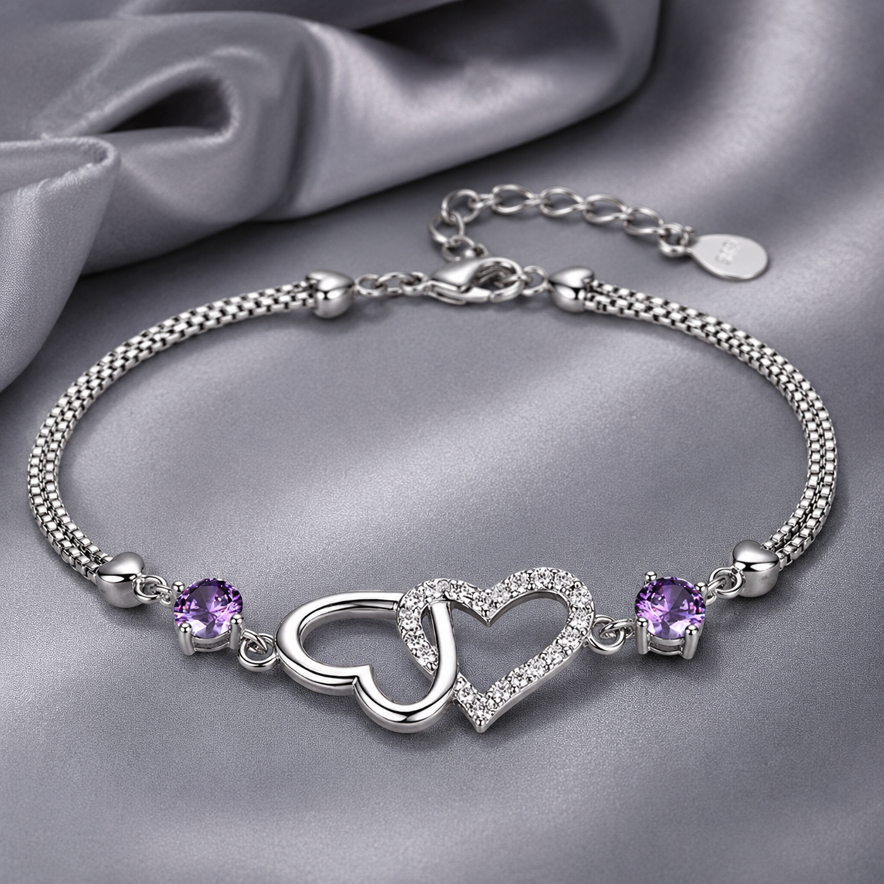 Romantisches Amethyst Herz Armband für Damen aus Silber mit natürlichem Amethyst und funkelnden Zirkonsteinen