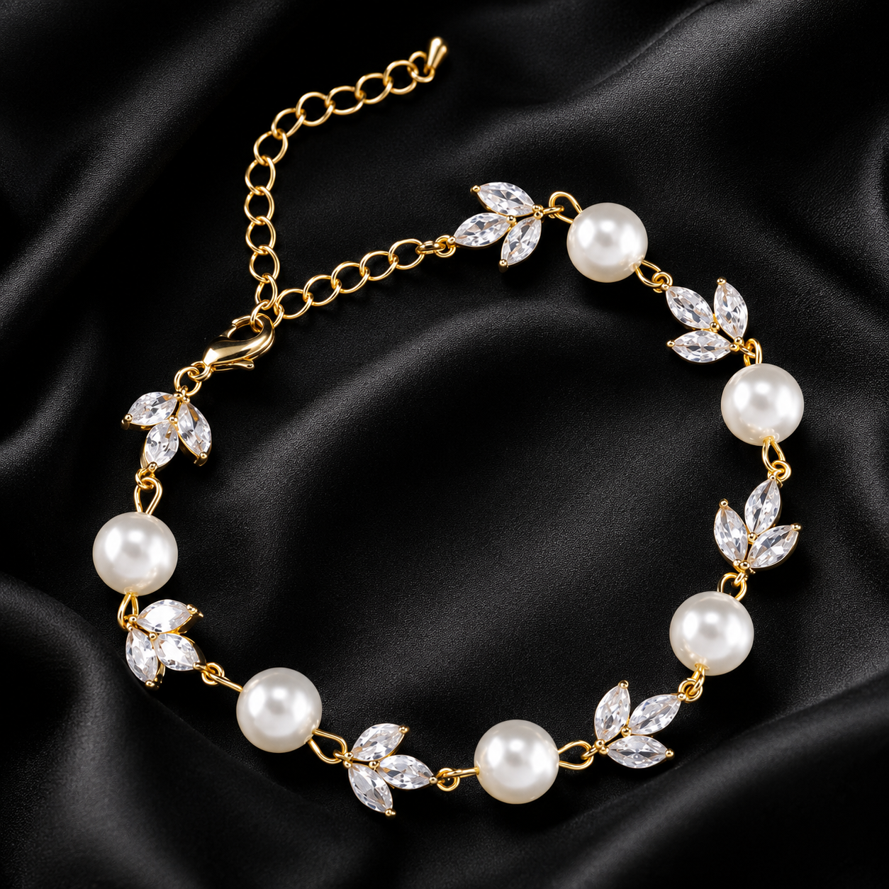 Edles Perlenarmband für Damen mit funkelnden Zirkonsteinen und filigranem Blattdesign