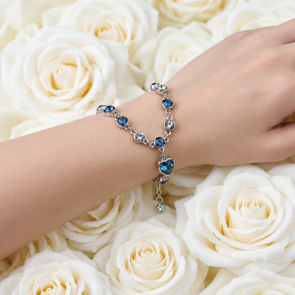 925 Sterling-Silber Damenarmband mit blauem Kristallherz