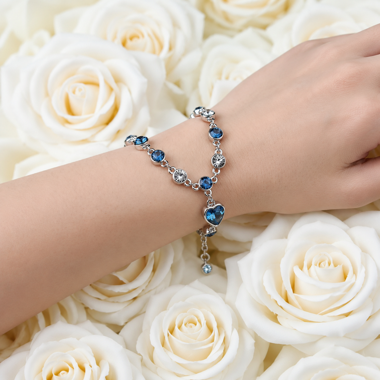 925 Sterling-Silber Damenarmband mit blauem Kristallherz