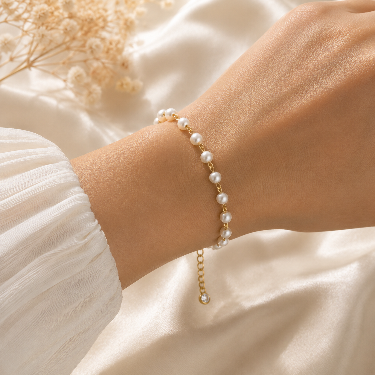 Elegantes 18 Karat vergoldetes Perlenarmband für Damen aus hochwertigem Edelstahl mit verstellbarer Gliederkette
