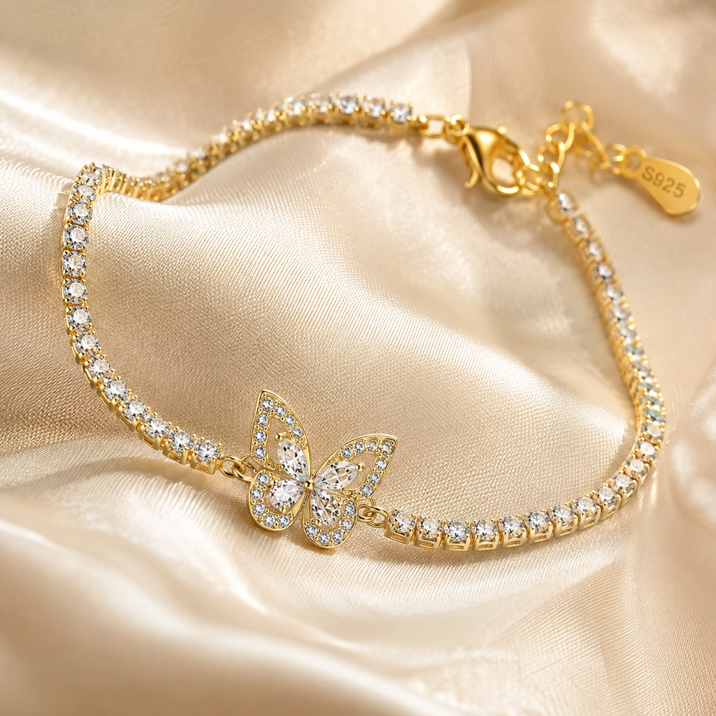 Schmetterlingsarmband für Damen aus 925 Sterling Silber mit funkelnden Details und feiner Gliederkette