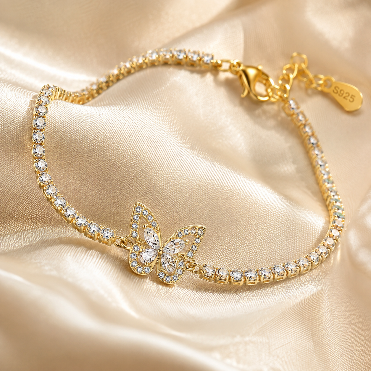 Schmetterlingsarmband für Damen aus 925 Sterling Silber mit funkelnden Details und feiner Gliederkette