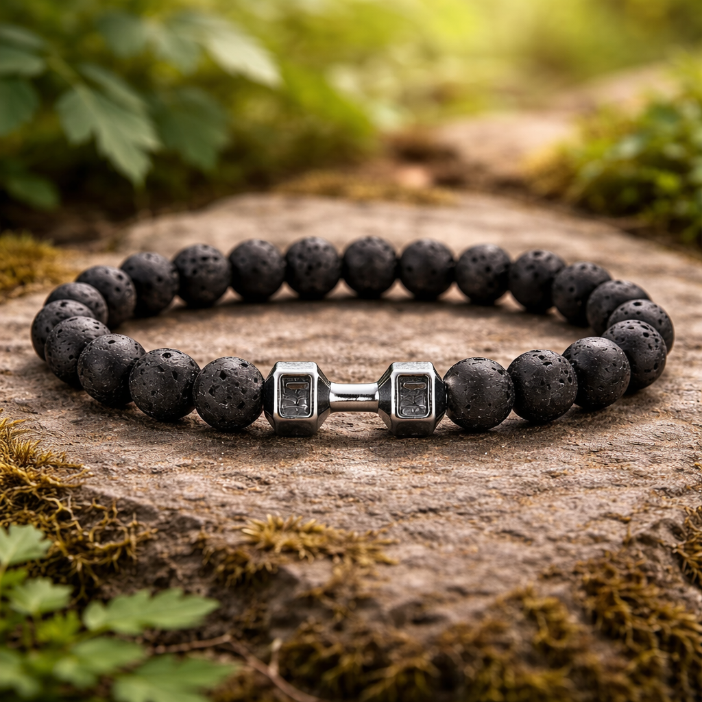 Lavastein-Armband mit Hantel-Anhänger – Fitness-Schmuck