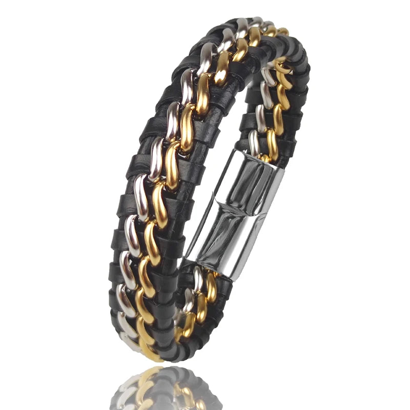 Modernes Kettenarmband aus Leder und vergoldetem Edelstahl