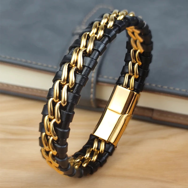 Modernes Kettenarmband aus Leder und vergoldetem Edelstahl