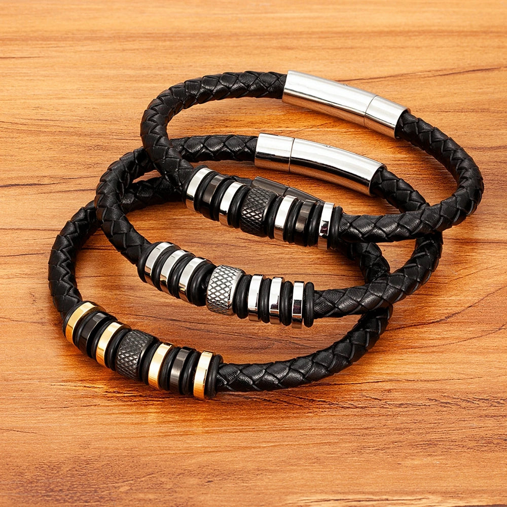 Elegante Männerarmband aus Leder und Edelstahl überzeugt durch seinen minimalistischen Stil