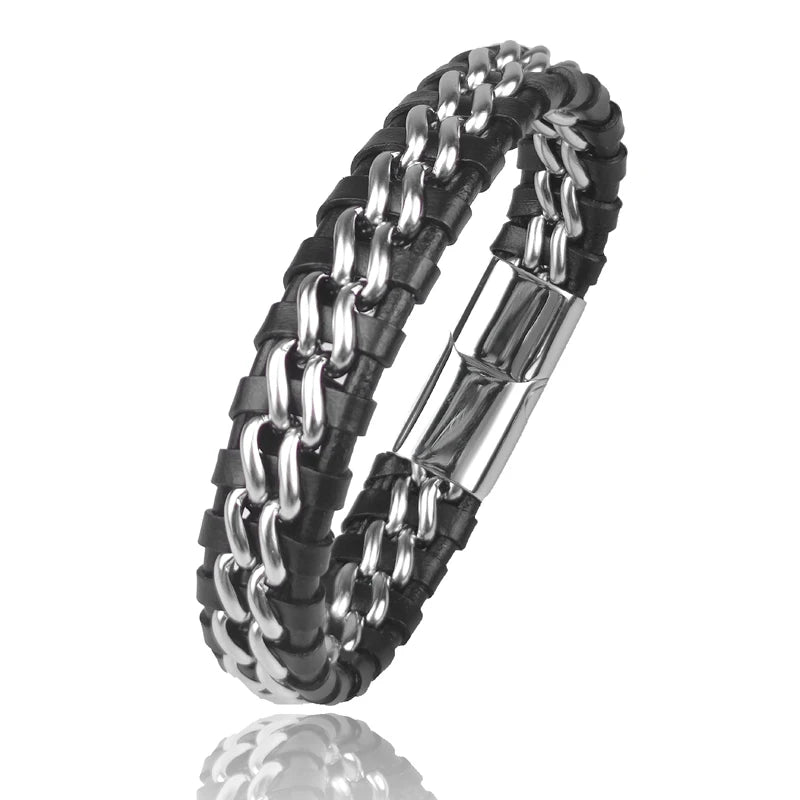 Modernes Kettenarmband aus Leder und vergoldetem Edelstahl