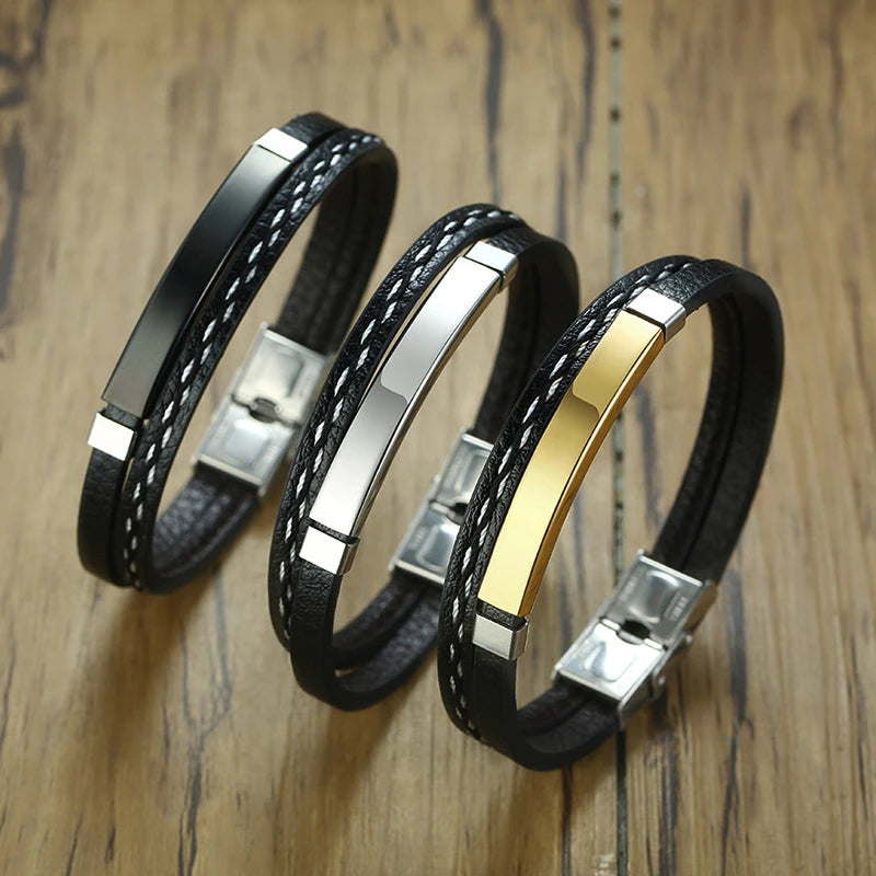 Einzigartiges Armband aus Leder mit dekorativen Nähten und einem Edelstahl-Element