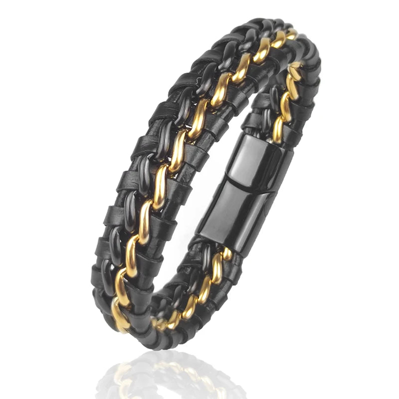 Modernes Kettenarmband aus Leder und vergoldetem Edelstahl