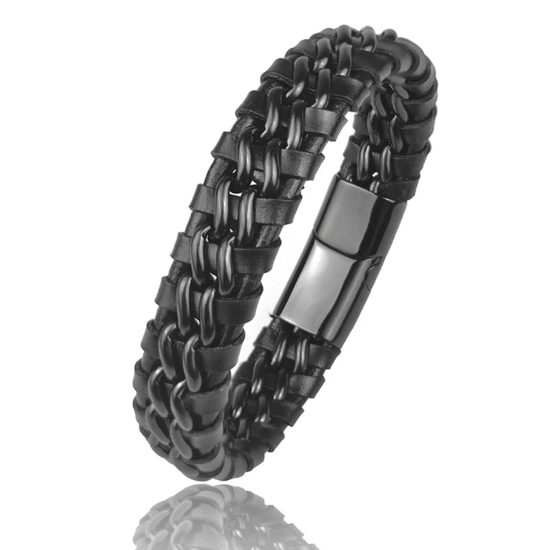 Modernes Kettenarmband aus Leder und vergoldetem Edelstahl