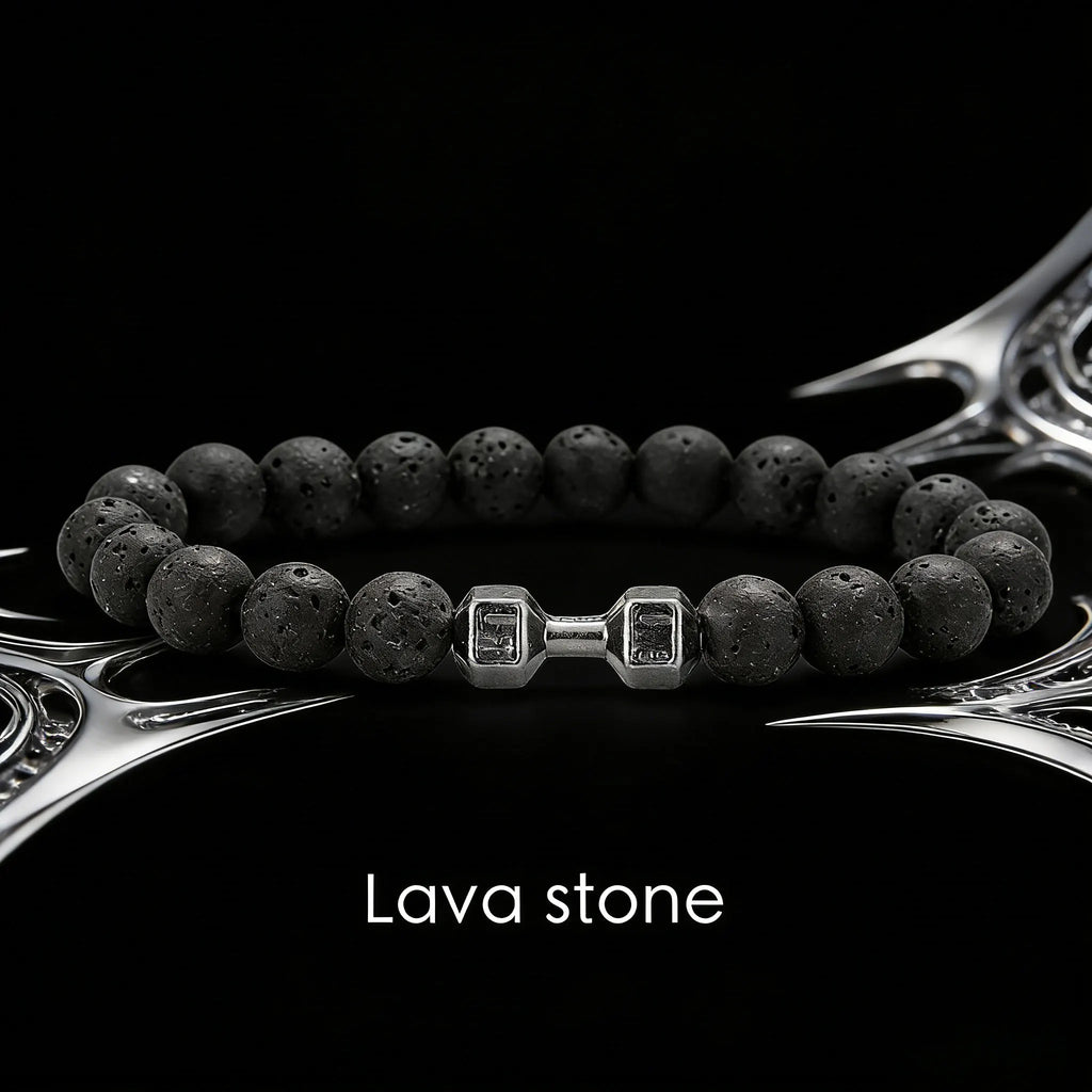 Lavastein-Armband mit Hantel-Anhänger – Fitness-Schmuck