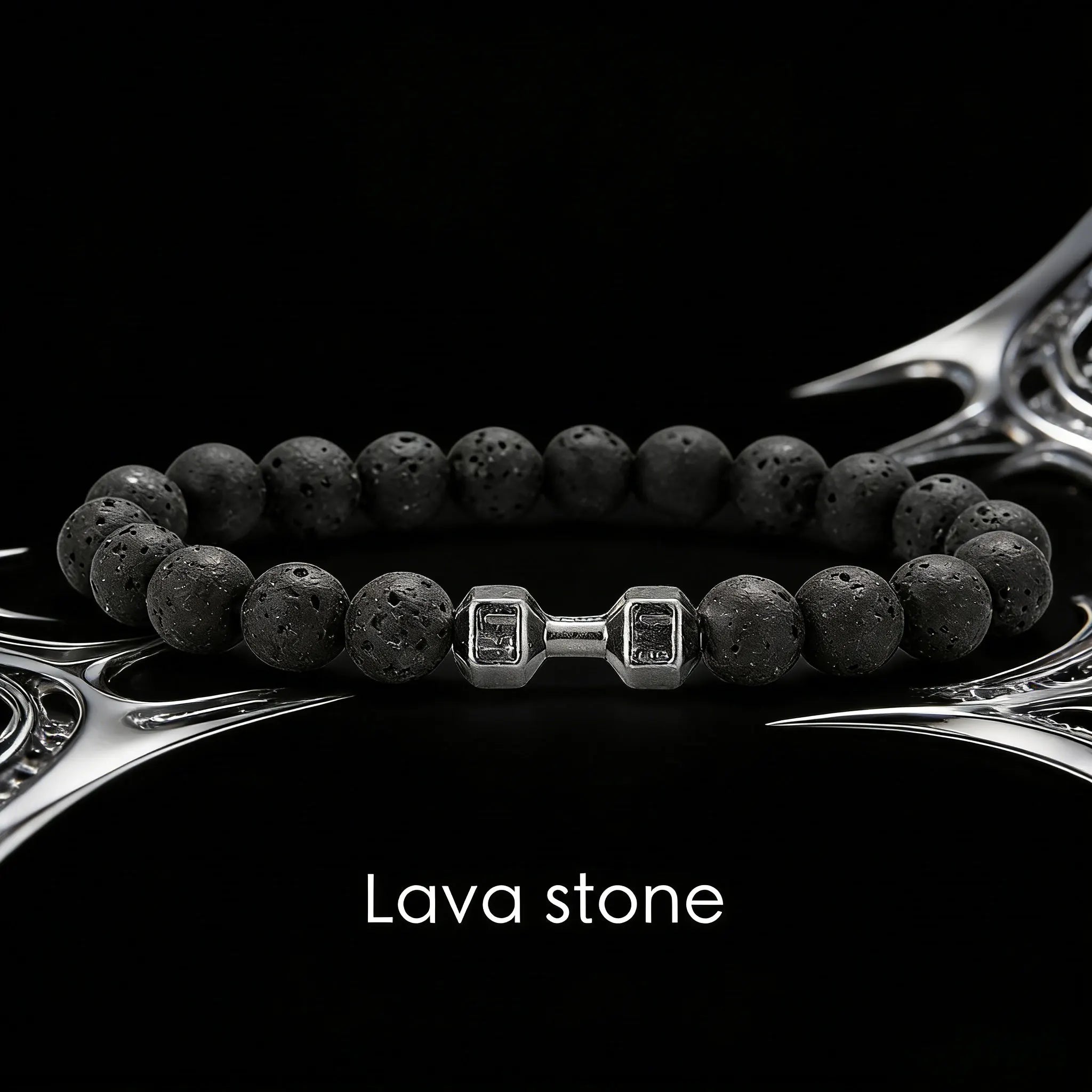 Lavastein-Armband mit Hantel-Anhänger – Fitness-Schmuck