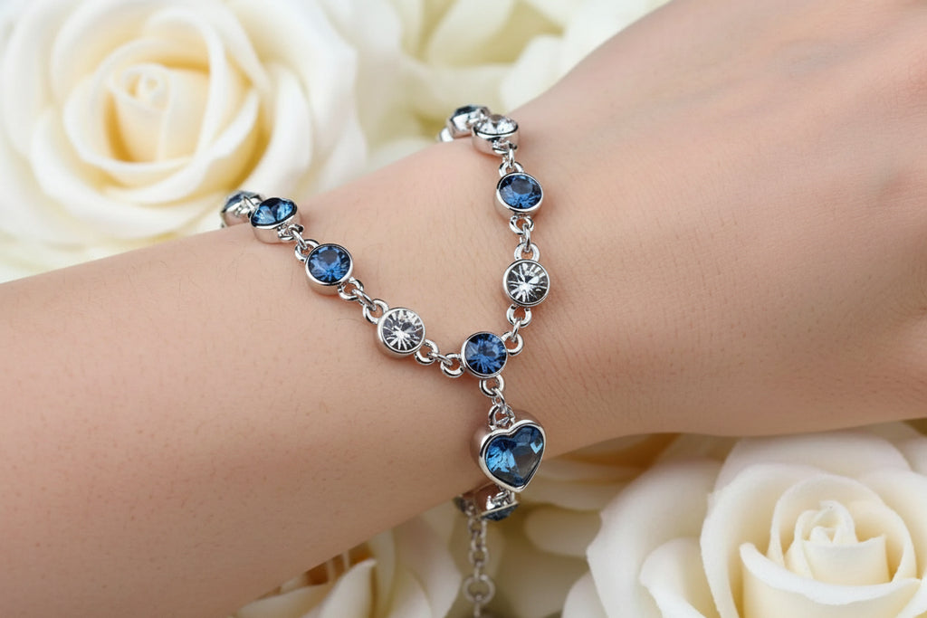 925 Sterling-Silber Damenarmband mit blauem Kristallherz
