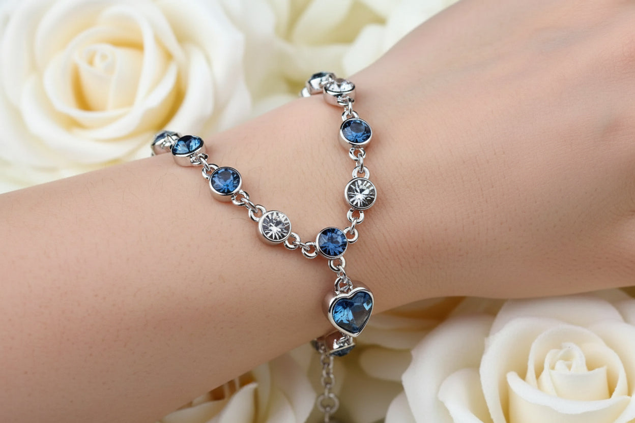 925 Sterling-Silber Damenarmband mit blauem Kristallherz