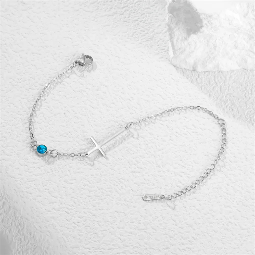 Zirkonia Kreuz‑Geburtsstein Armband, Dünne Edelstahl‑Handkette