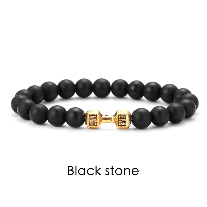 Lavastein-Armband mit Hantel-Anhänger – Fitness-Schmuck