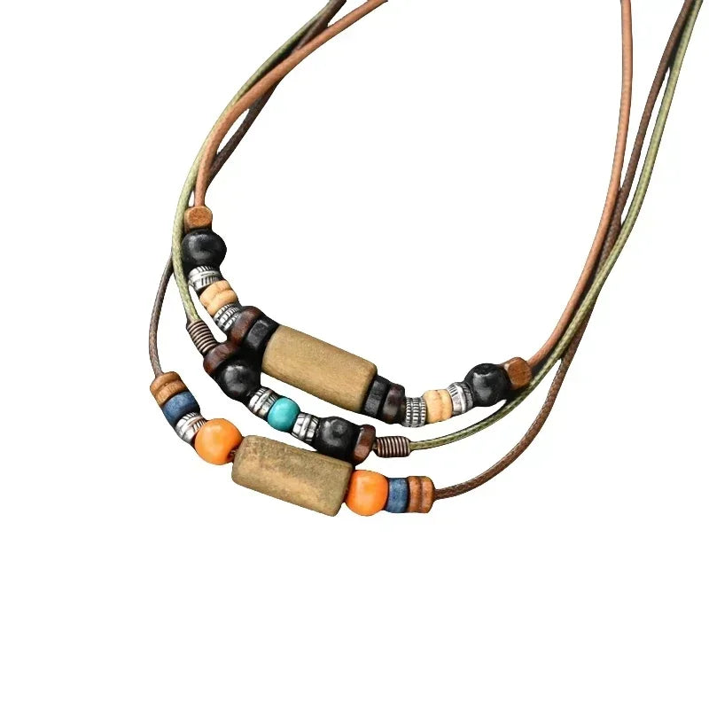 Doppellagige Lederband-Halskette, Retro Holzpendant im handgefertigten Look