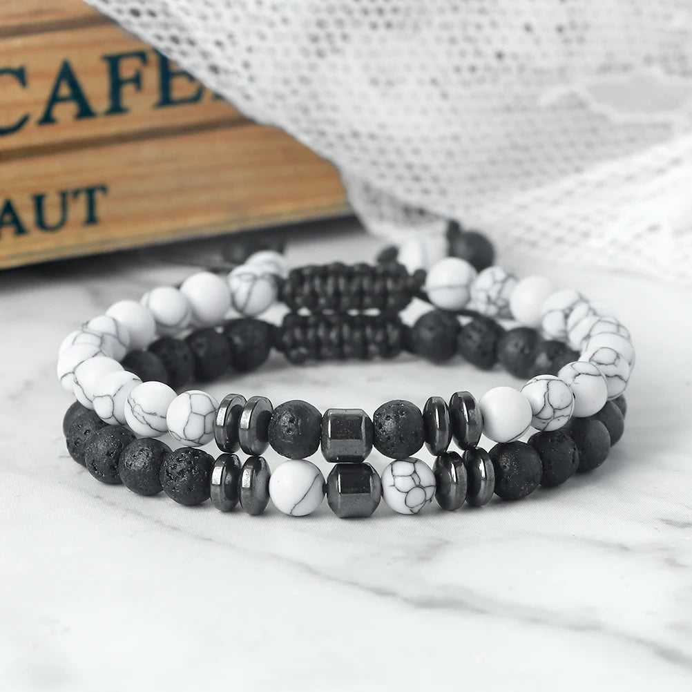 2-teiliges Naturstein-Armband-Set mit 6 mm Tigerauge- und Vulkanstein-Perlen