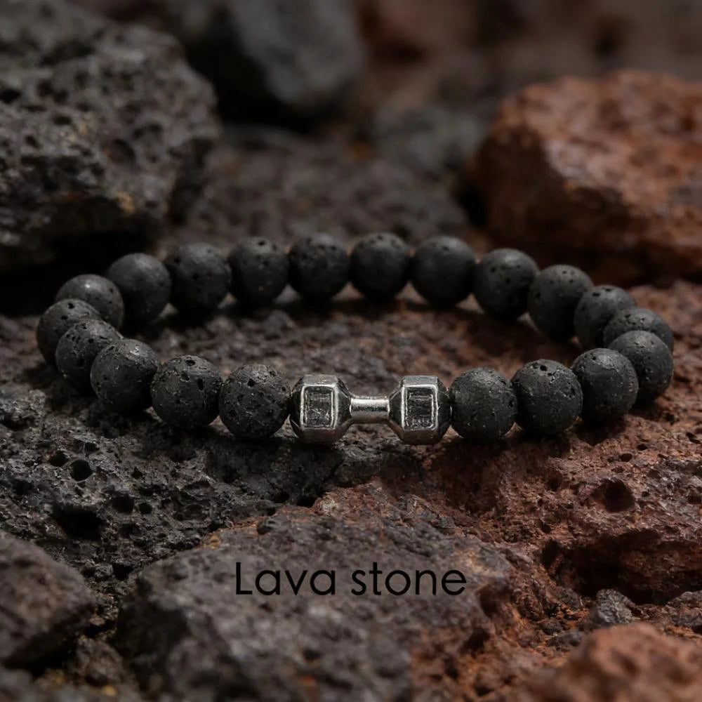 Lavastein-Armband mit Hantel-Anhänger – Fitness-Schmuck
