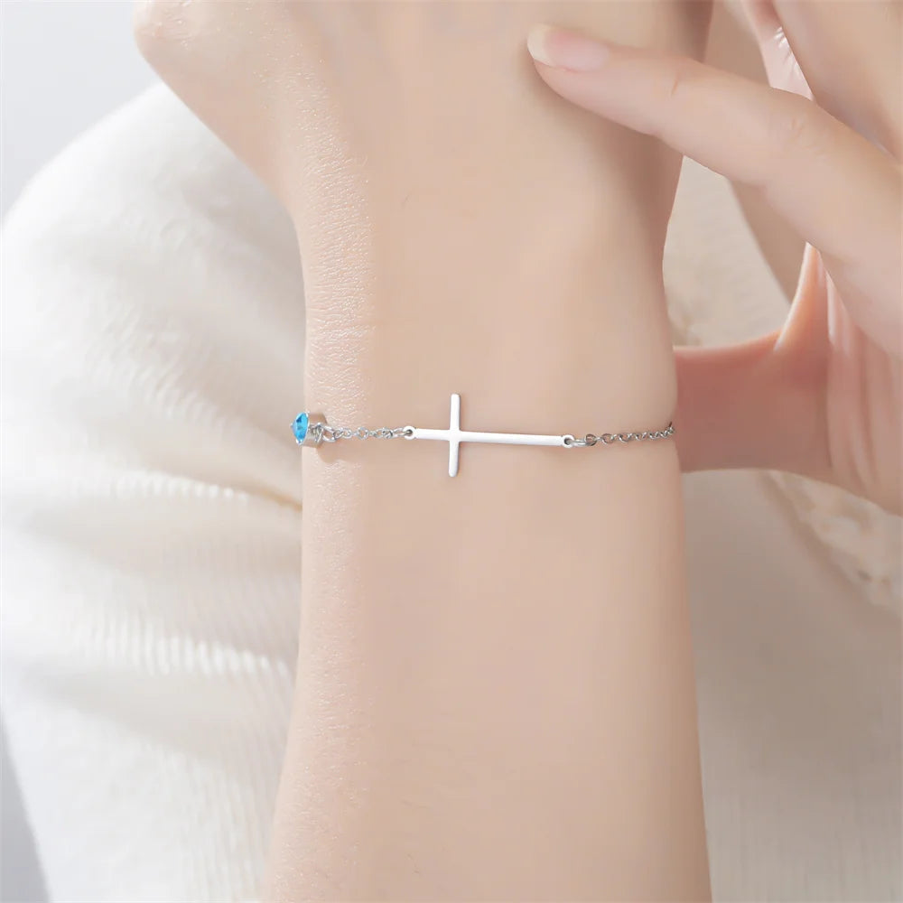 Zirkonia Kreuz‑Geburtsstein Armband, Dünne Edelstahl‑Handkette