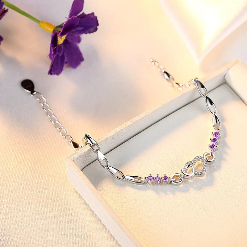 Damenarmband aus 925 Sterling-Silber mit violettem Herz-Zirkon