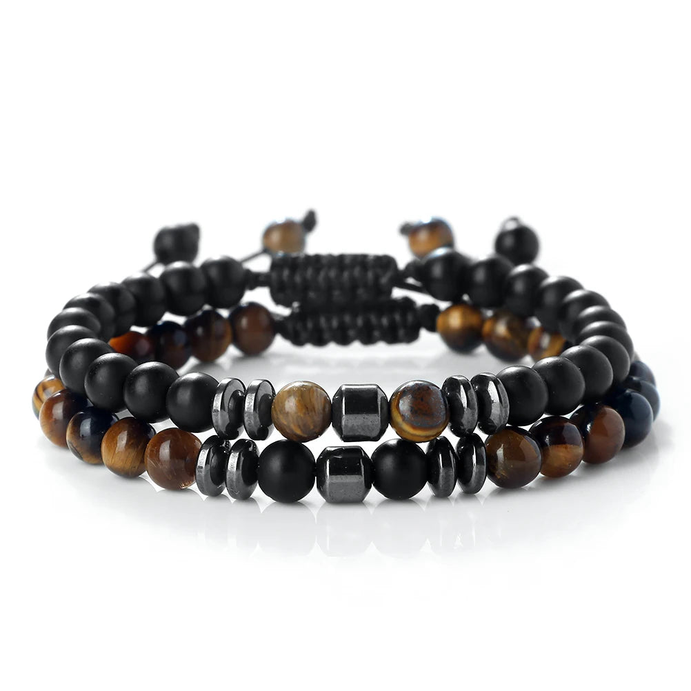 2-teiliges Naturstein-Armband-Set mit 6 mm Tigerauge- und Vulkanstein-Perlen