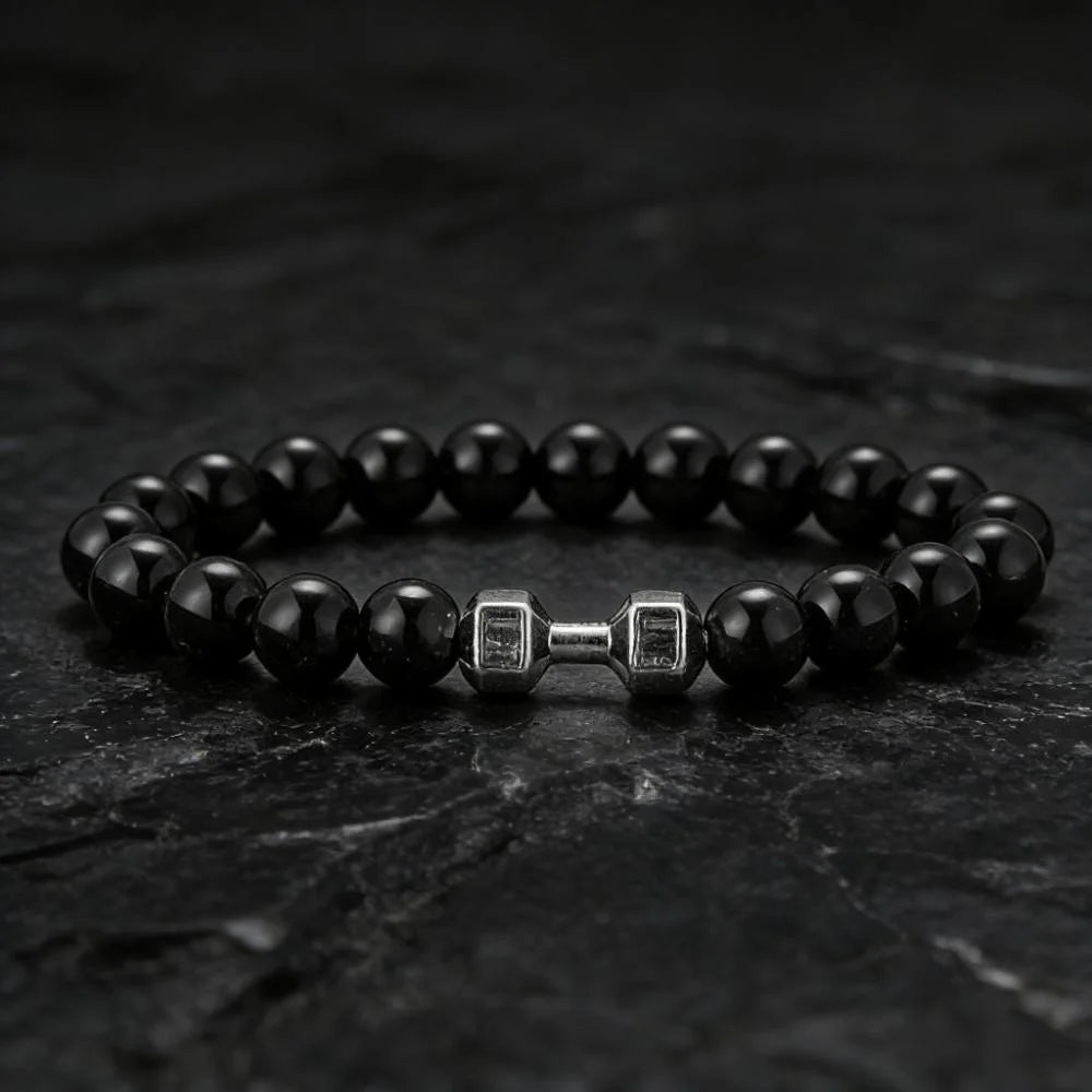 Lavastein-Armband mit Hantel-Anhänger – Fitness-Schmuck