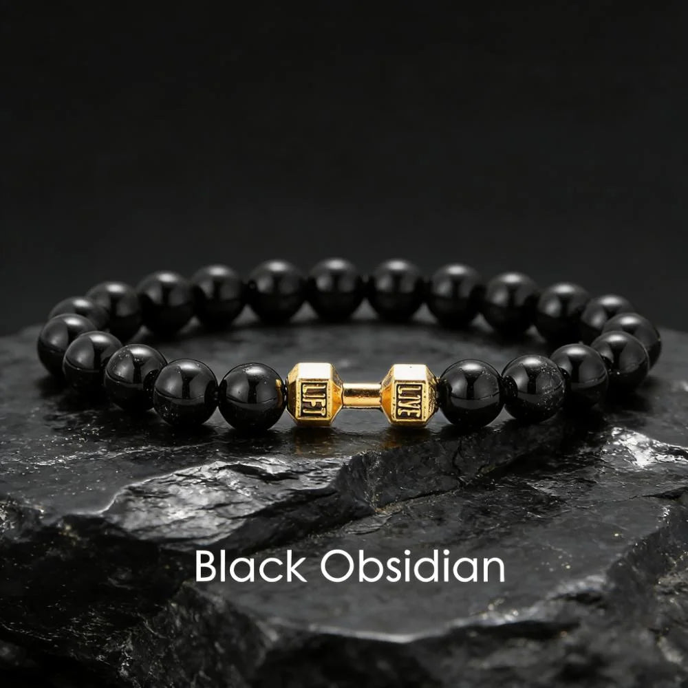 Lavastein-Armband mit Hantel-Anhänger – Fitness-Schmuck