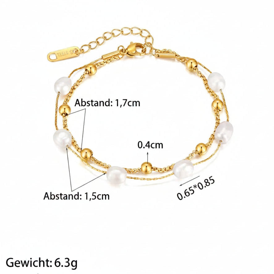 Doppellagiges Perlenarmband mit Edelstahl‑Elementen und glatter Perlenstruktur