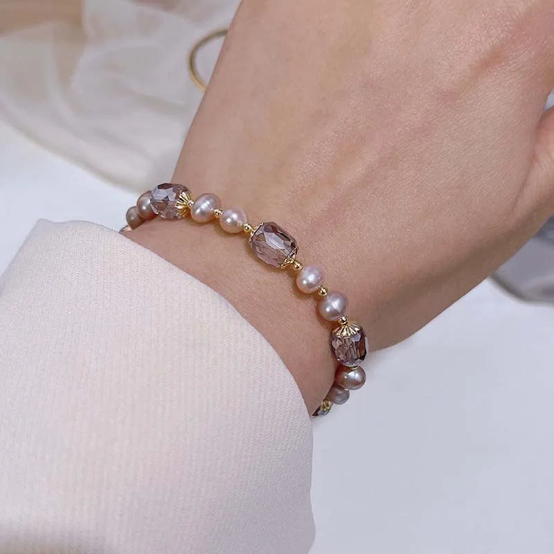 Damen‑Armband mit lila Imitationsperlen und Kristall‑Akzenten