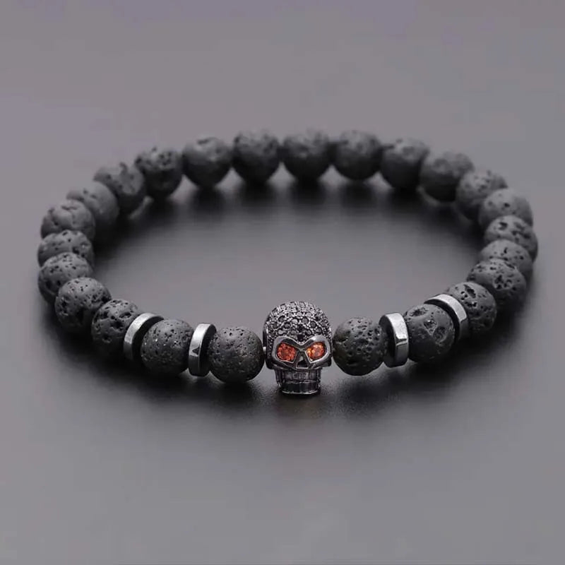 Totenkopf Hämatit Perlenarmband mit 8 mm Lava Stein für Herren