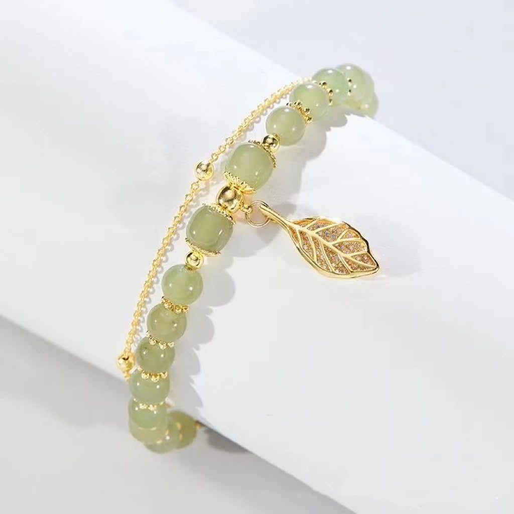 Doppellagiges Hetian-Jade-Armband in Gold, Feines Blattdesign für Frauen