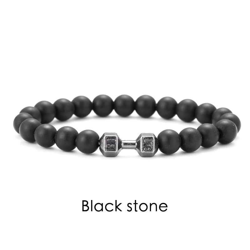 Lavastein-Armband mit Hantel-Anhänger – Fitness-Schmuck