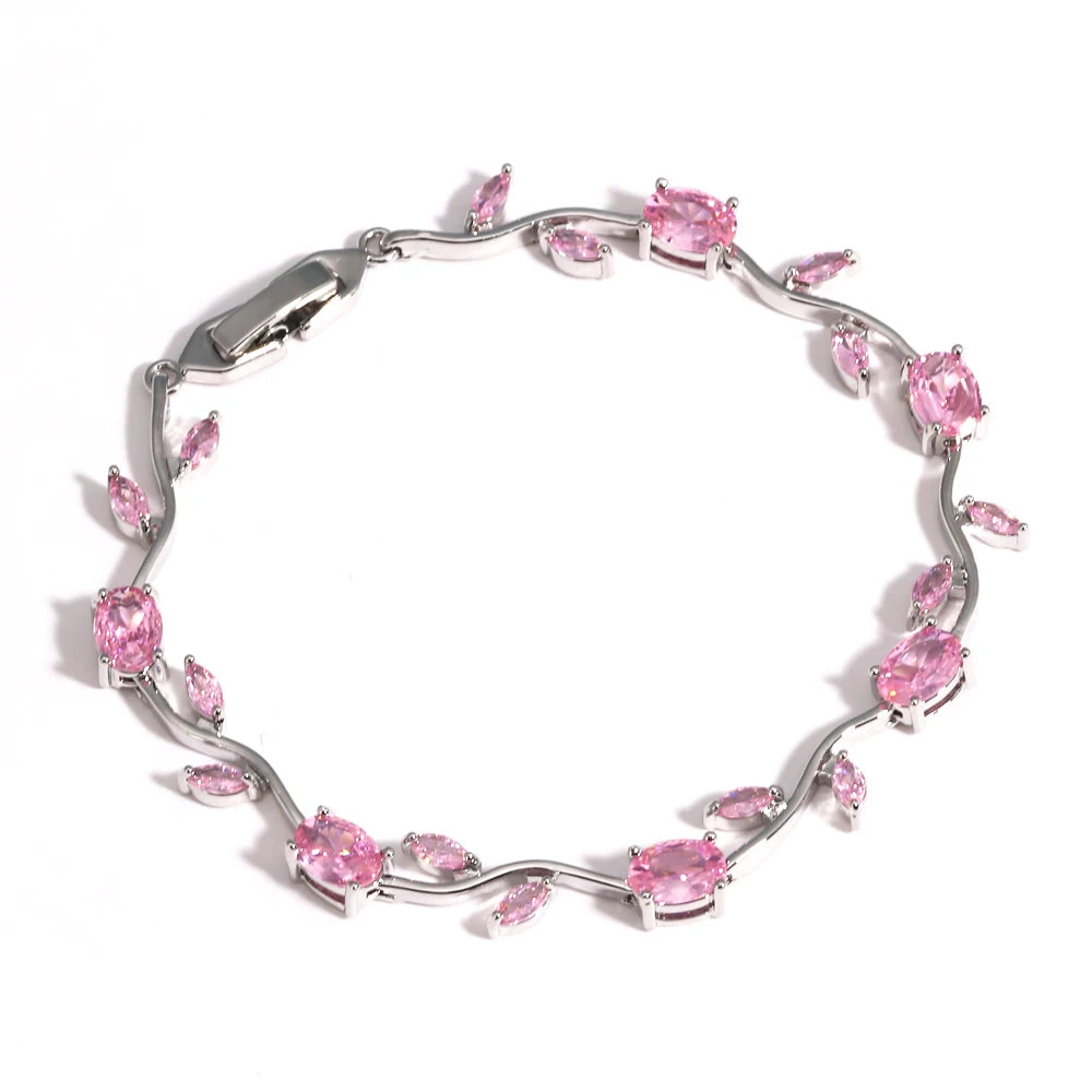 Zartes Armband mit tulpenrosa Zirkonia und filigranen Rankenblumen