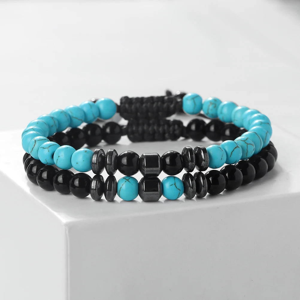 2-teiliges Naturstein-Armband-Set mit 6 mm Tigerauge- und Vulkanstein-Perlen