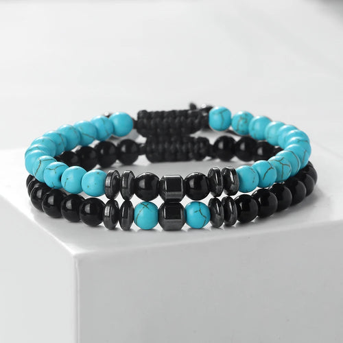 2-teiliges Naturstein-Armband-Set mit 6 mm Tigerauge- und Vulkanstein-Perlen